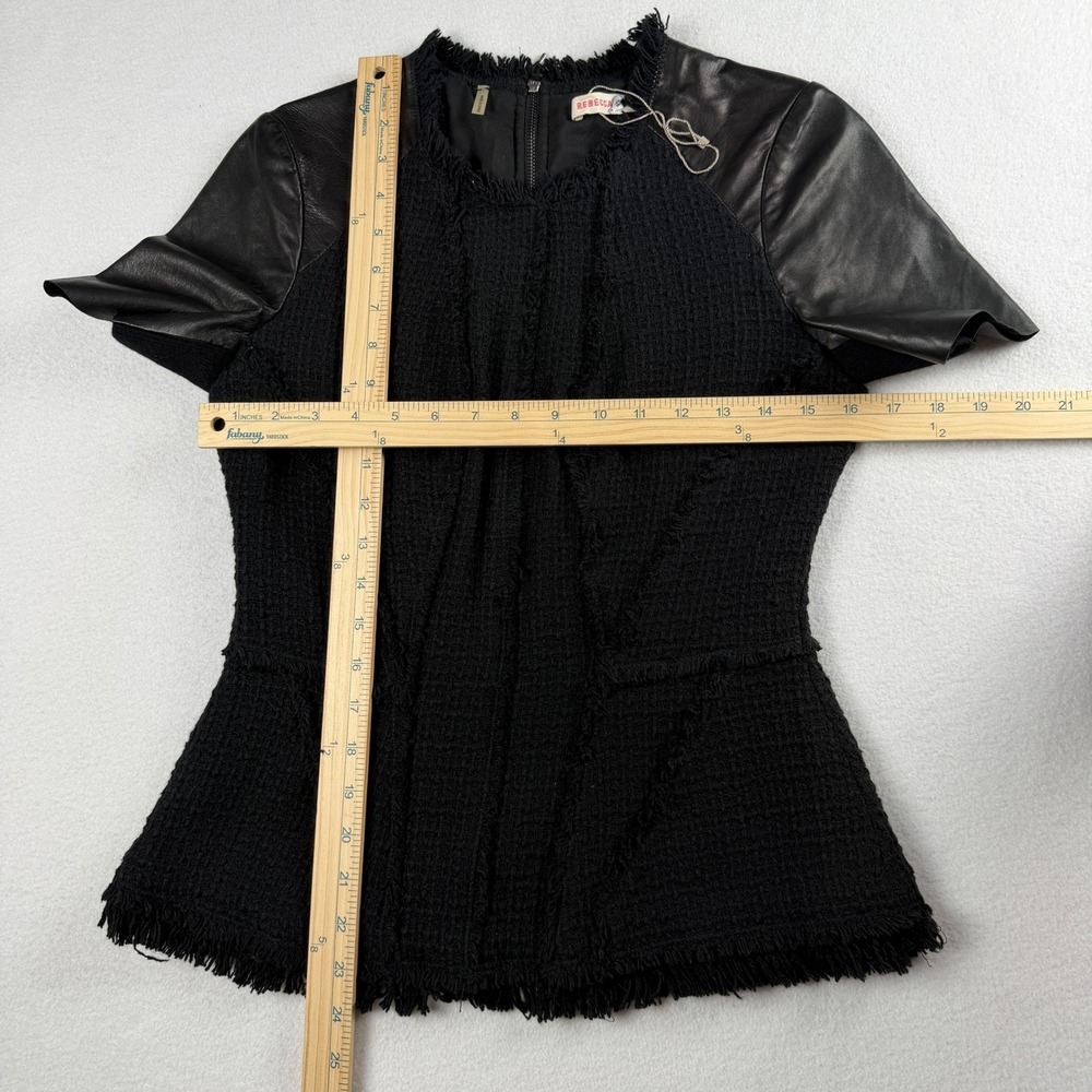 Rebecca Taylor Women's Leather Sleeve Peplum Tweed Top Black Sz 6 - Picture 3 of 10